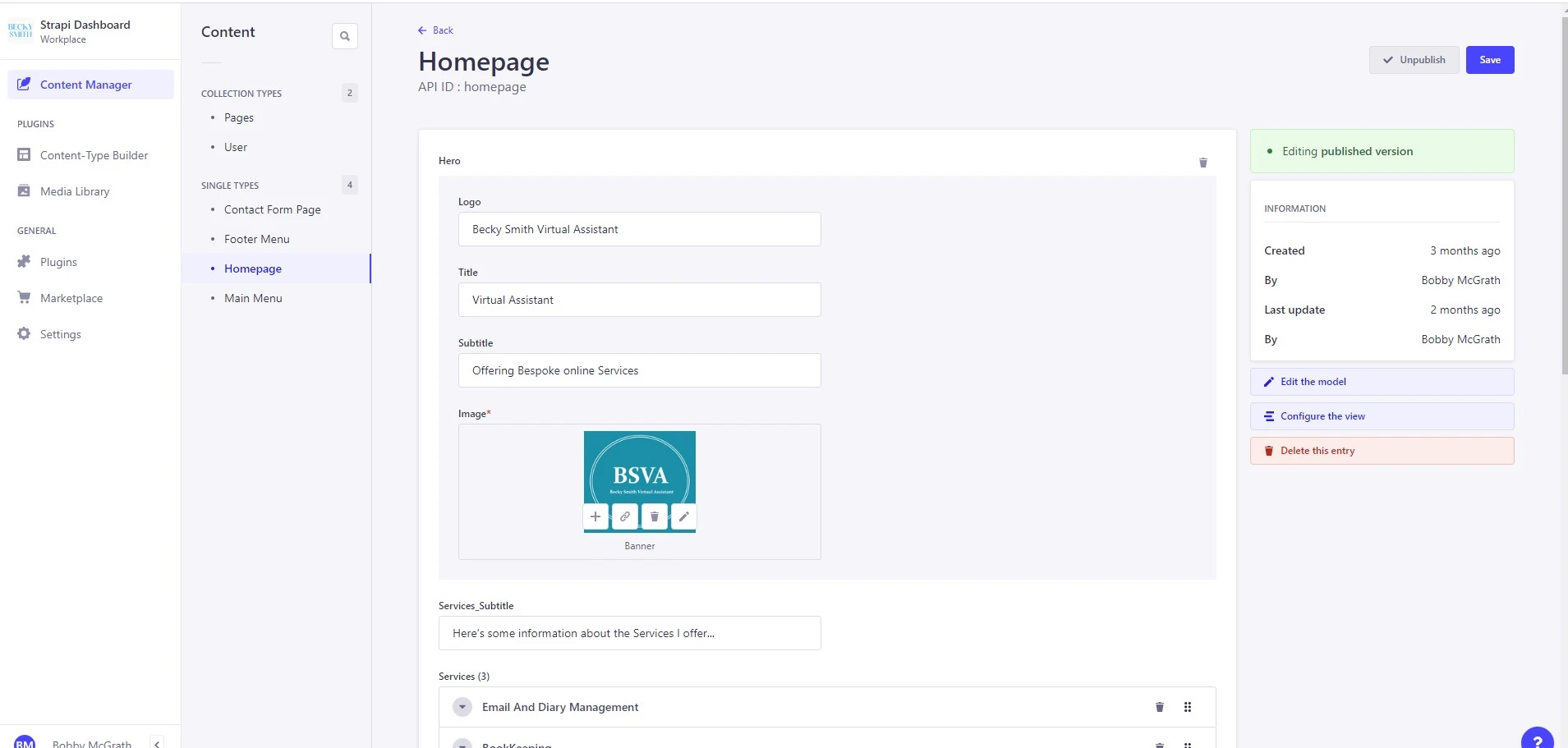 Screenshot of the CMS used to control the website content