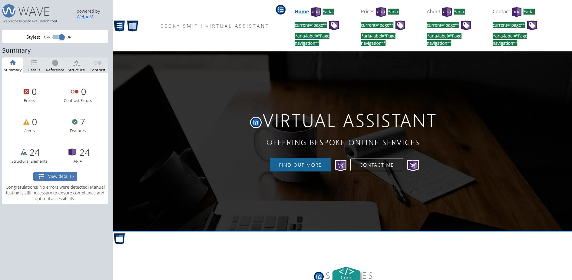 Screenshot showcasing the Wave accessibility score for the website.